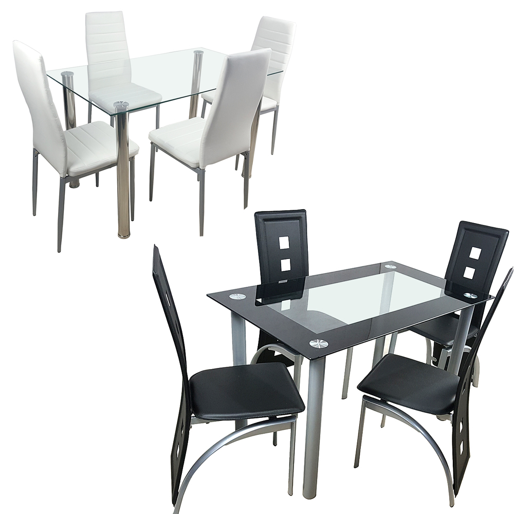 US Shipping Dining Table Set Glass Steel w/4 Chairs Kitchen Room Breakfast Furniture Black White