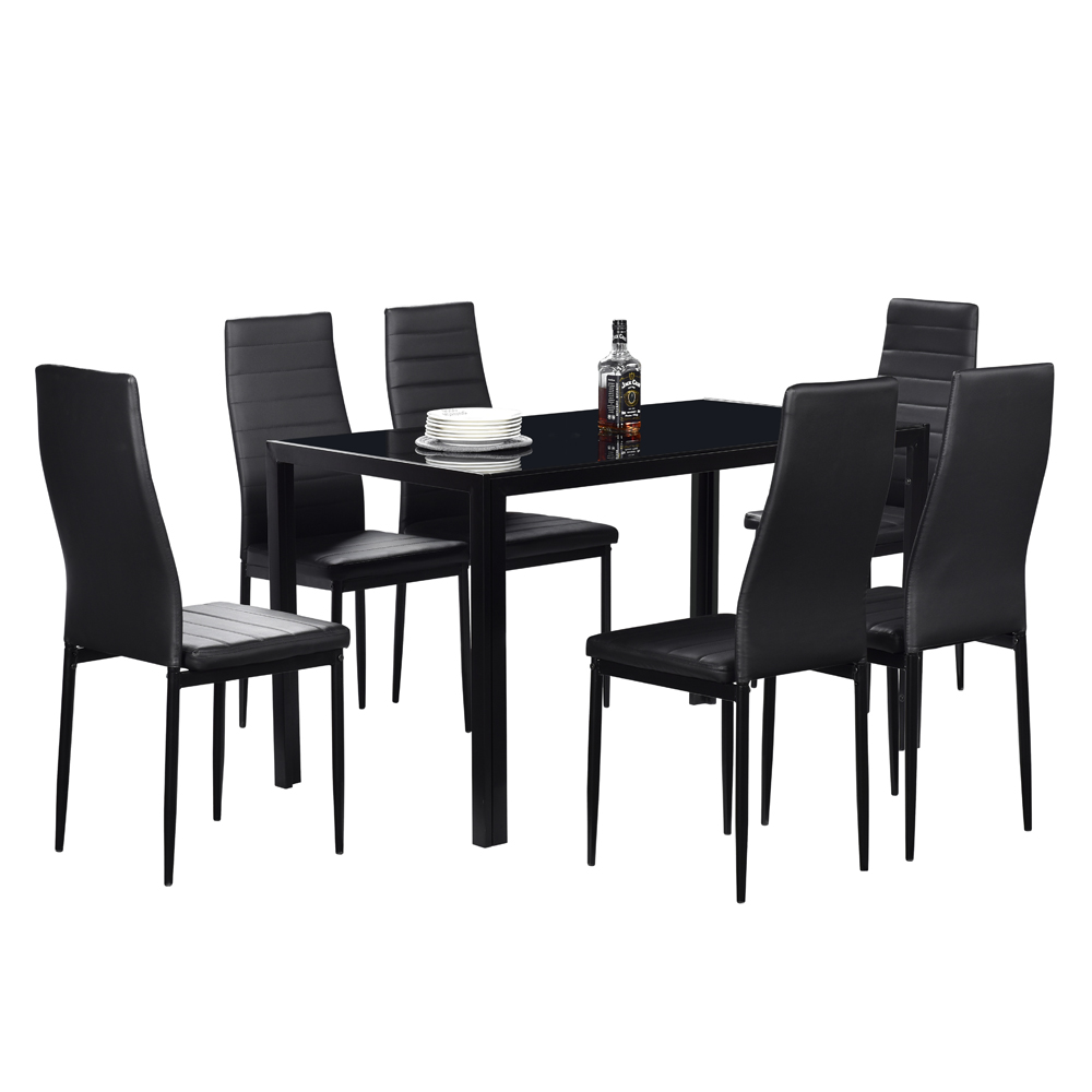 US Shipping Dining Table Set Glass Steel 7 Piece Set for 6 Chairs Clear Glass Metal Kitchen Room Breakfast